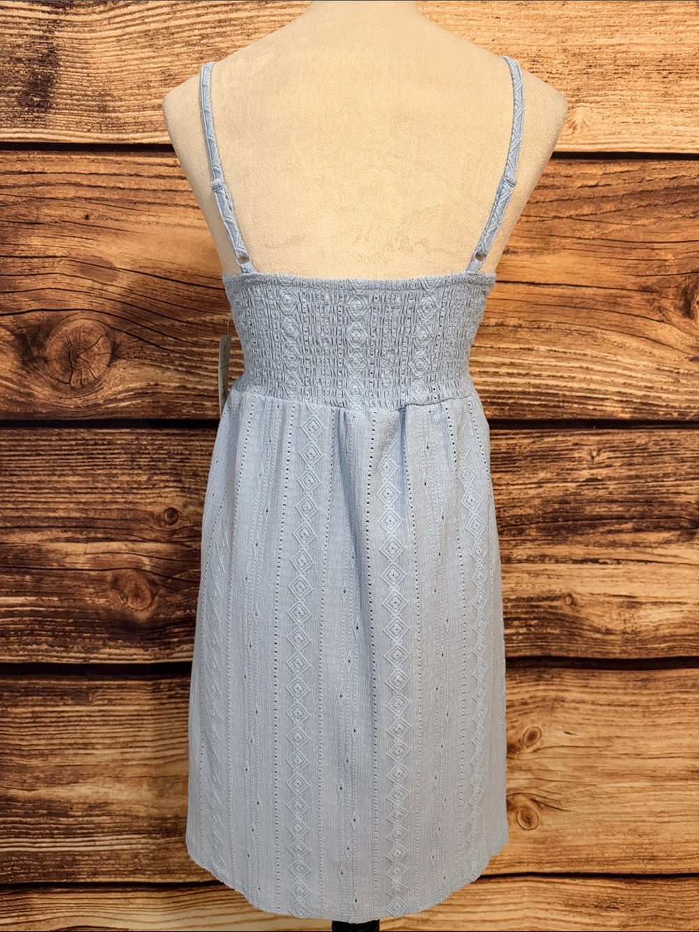 No Boundaries Light Blue Eyelet Mini Dress with Front Ring - Picture 4 of 7
